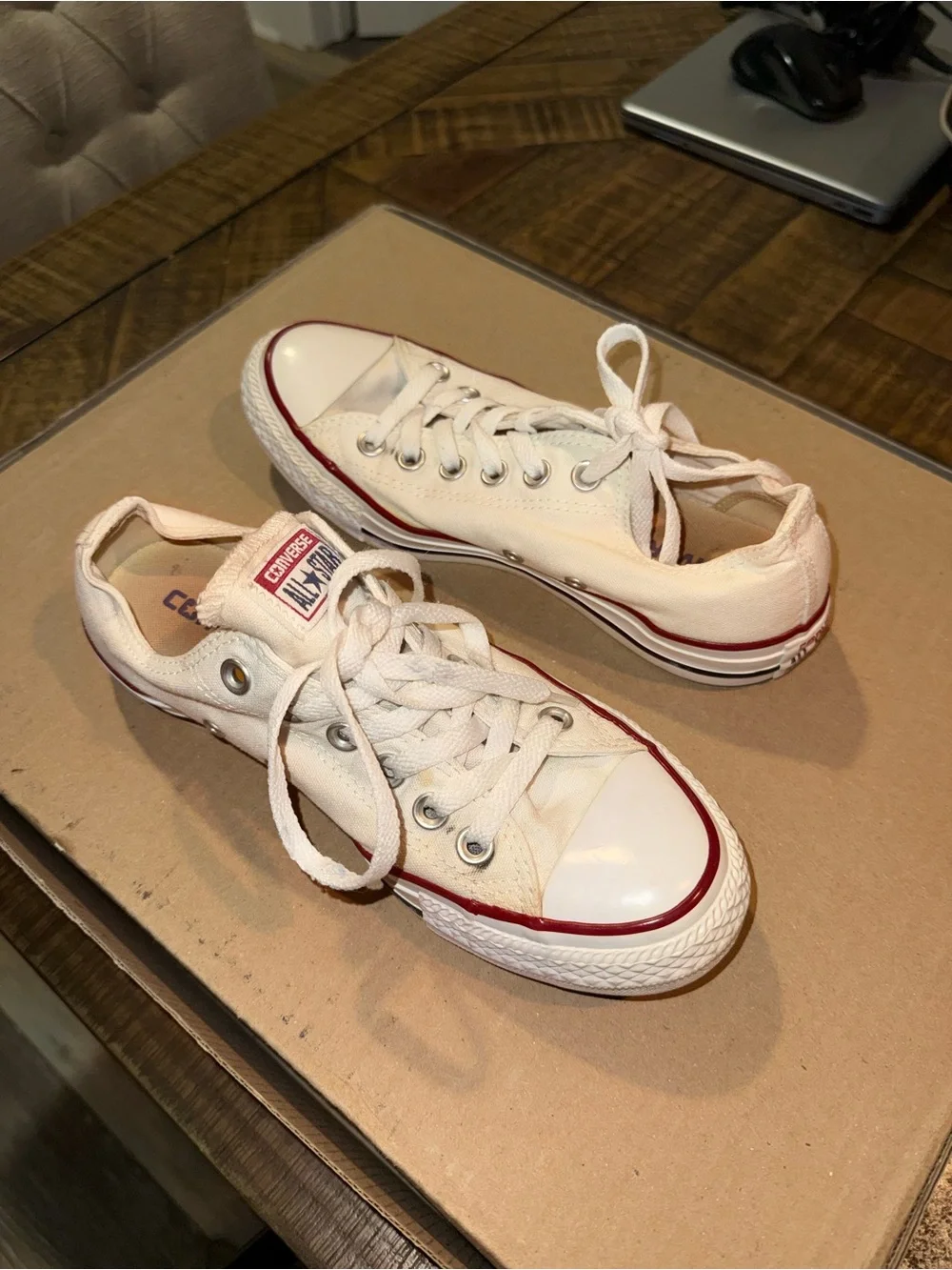 Converse Low Top Canvas Sneakers in White with Red Stripe